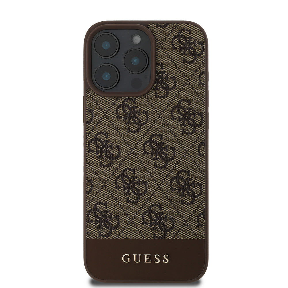 Guess Orijinal Lisanslı iPhone 16 Pro Max MagSafe Uyumlu Kılıf – PU Deri, Şerit Logolu Tasarım Kahverengi