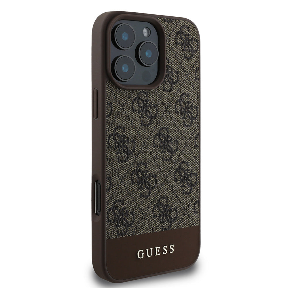 Guess Orijinal Lisanslı iPhone 16 Pro Max MagSafe Uyumlu Kılıf – PU Deri, Şerit Logolu Tasarım Kahverengi