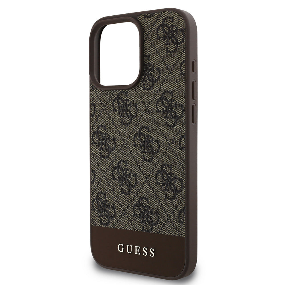 Guess Orijinal Lisanslı iPhone 16 Pro Max MagSafe Uyumlu Kılıf – PU Deri, Şerit Logolu Tasarım Kahverengi
