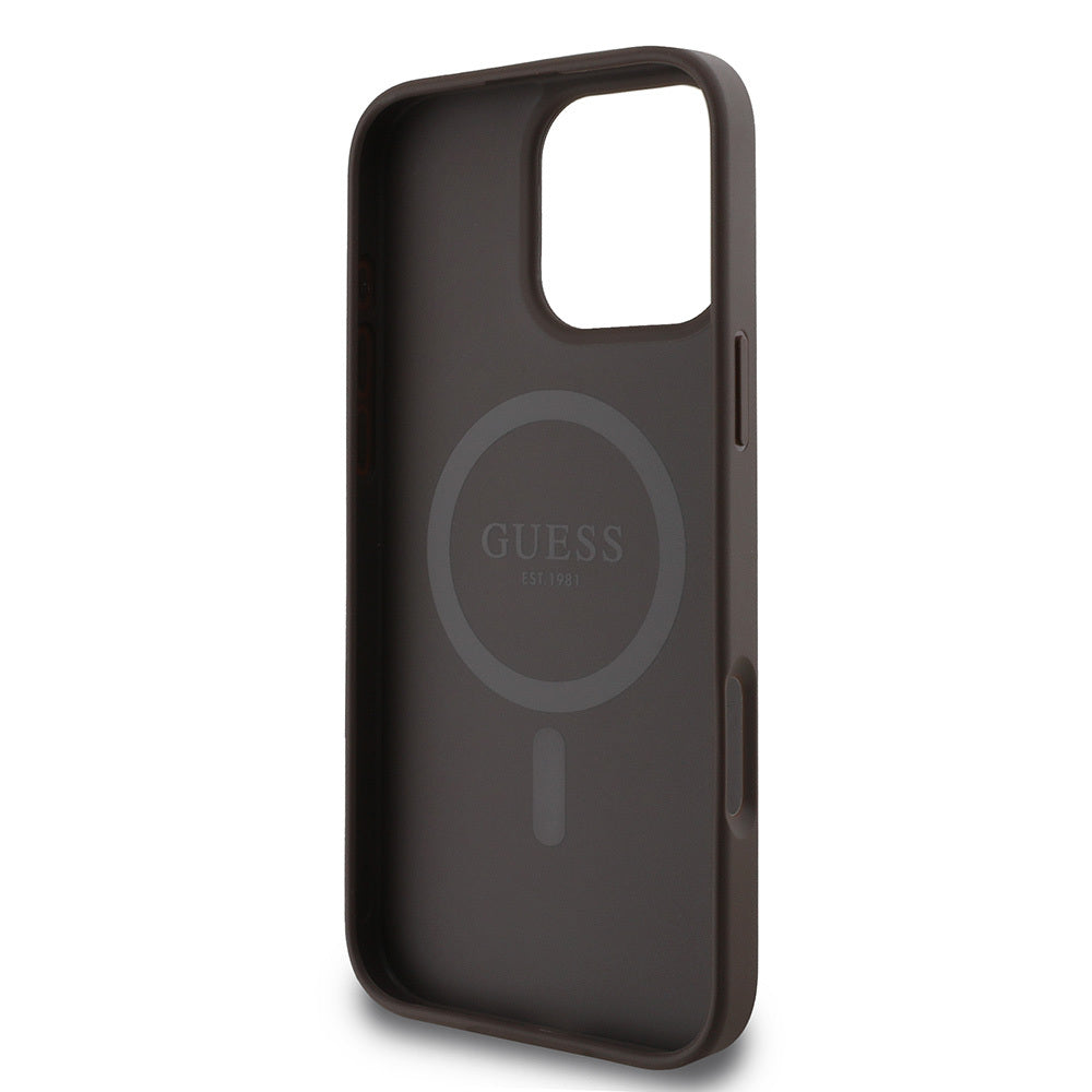 Guess Orijinal Lisanslı iPhone 16 Pro Max MagSafe Uyumlu Kılıf – PU Deri, Şerit Logolu Tasarım Kahverengi