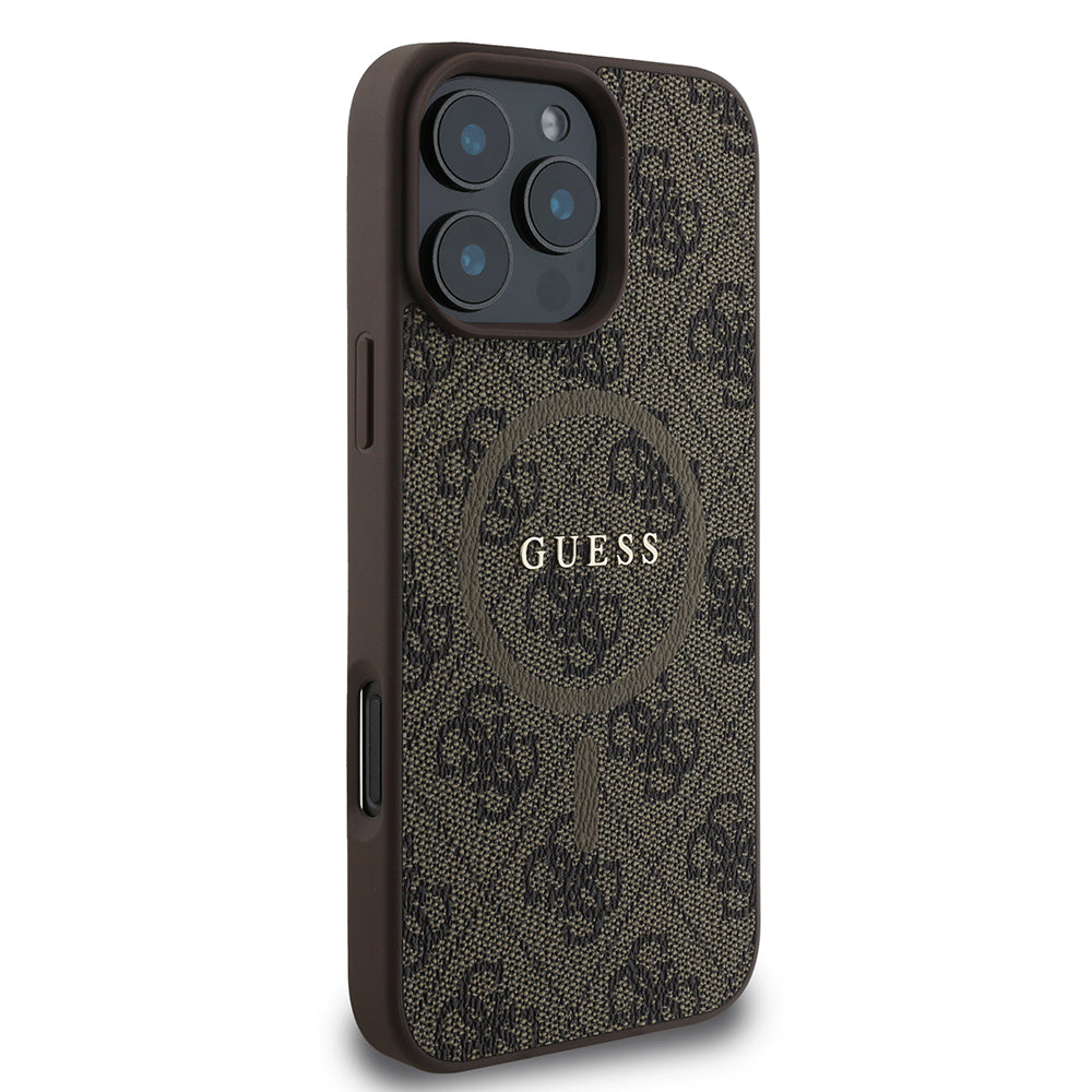 Guess Orijinal Lisanslı iPhone 16 Pro MagSafe Uyumlu Kılıf – 4G Desenli, PU Halkalı, Logolu Kahverengi