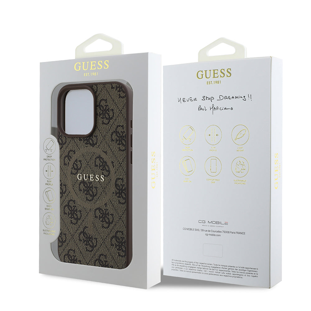 Guess Orijinal Lisanslı iPhone 16 Pro MagSafe Uyumlu Kılıf – 4G Desenli, PU Halkalı, Logolu Kahverengi
