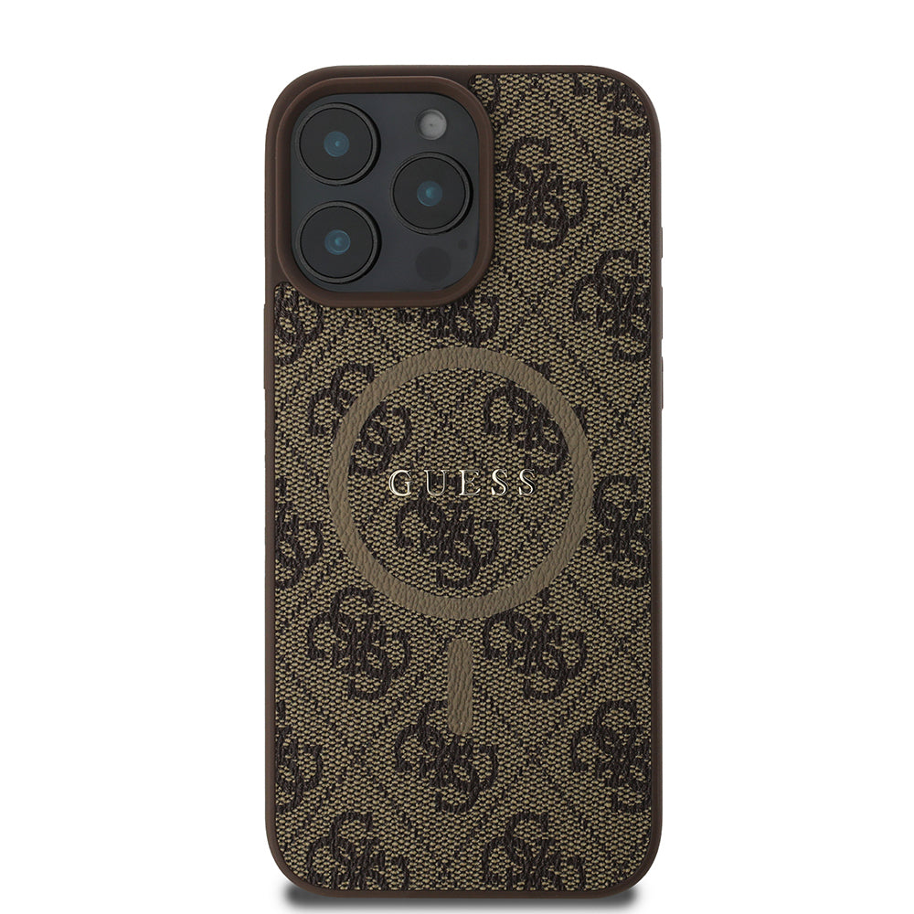 Guess Orijinal Lisanslı iPhone 16 Pro MagSafe Uyumlu Kılıf – 4G Desenli, PU Halkalı, Logolu Kahverengi