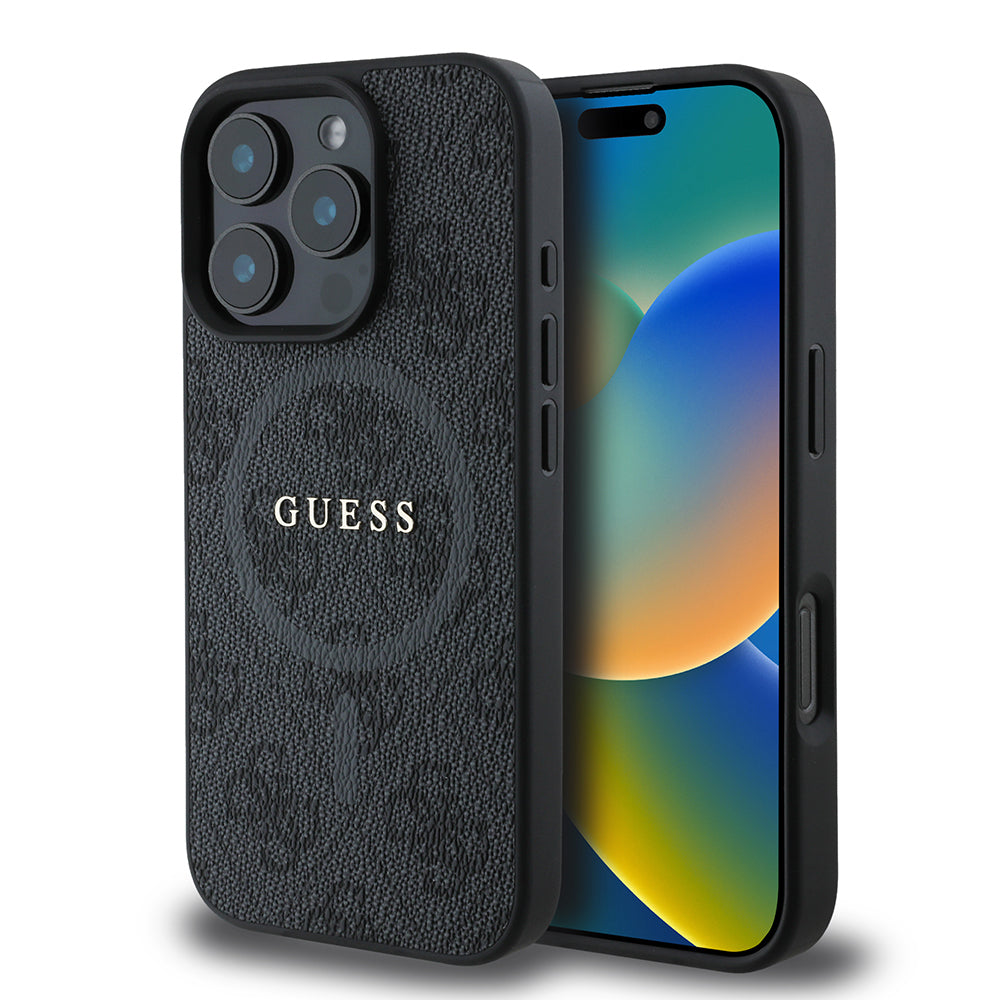 Guess Orijinal Lisanslı iPhone 16 Pro Max MagSafe Uyumlu Kılıf – 4G Desenli, PU Halkalı, Logolu Siyah