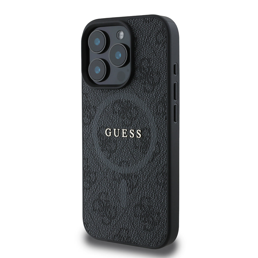 Guess Orijinal Lisanslı iPhone 16 Pro Max MagSafe Uyumlu Kılıf – 4G Desenli, PU Halkalı, Logolu Siyah