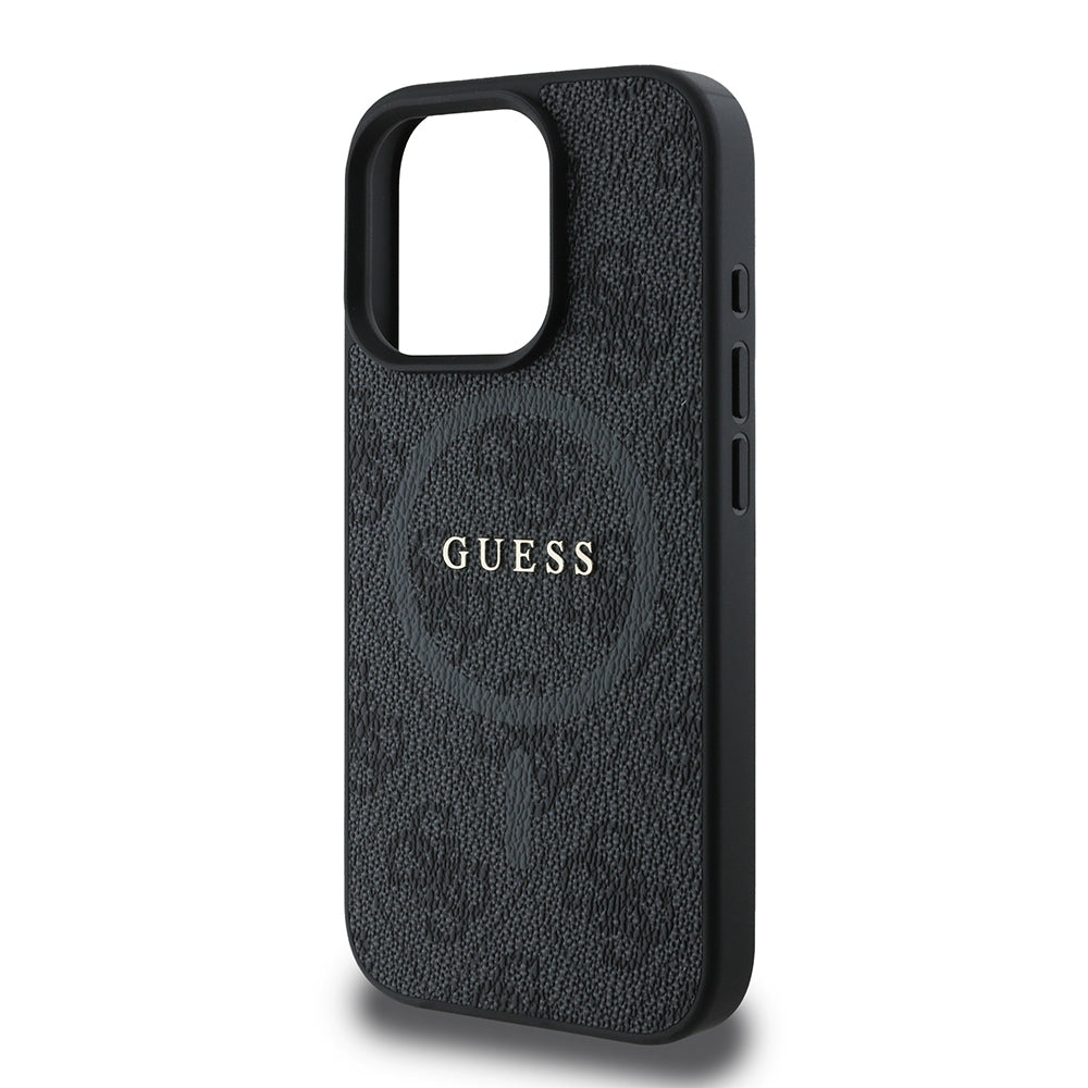 Guess Orijinal Lisanslı iPhone 16 Pro Max MagSafe Uyumlu Kılıf – 4G Desenli, PU Halkalı, Logolu Siyah