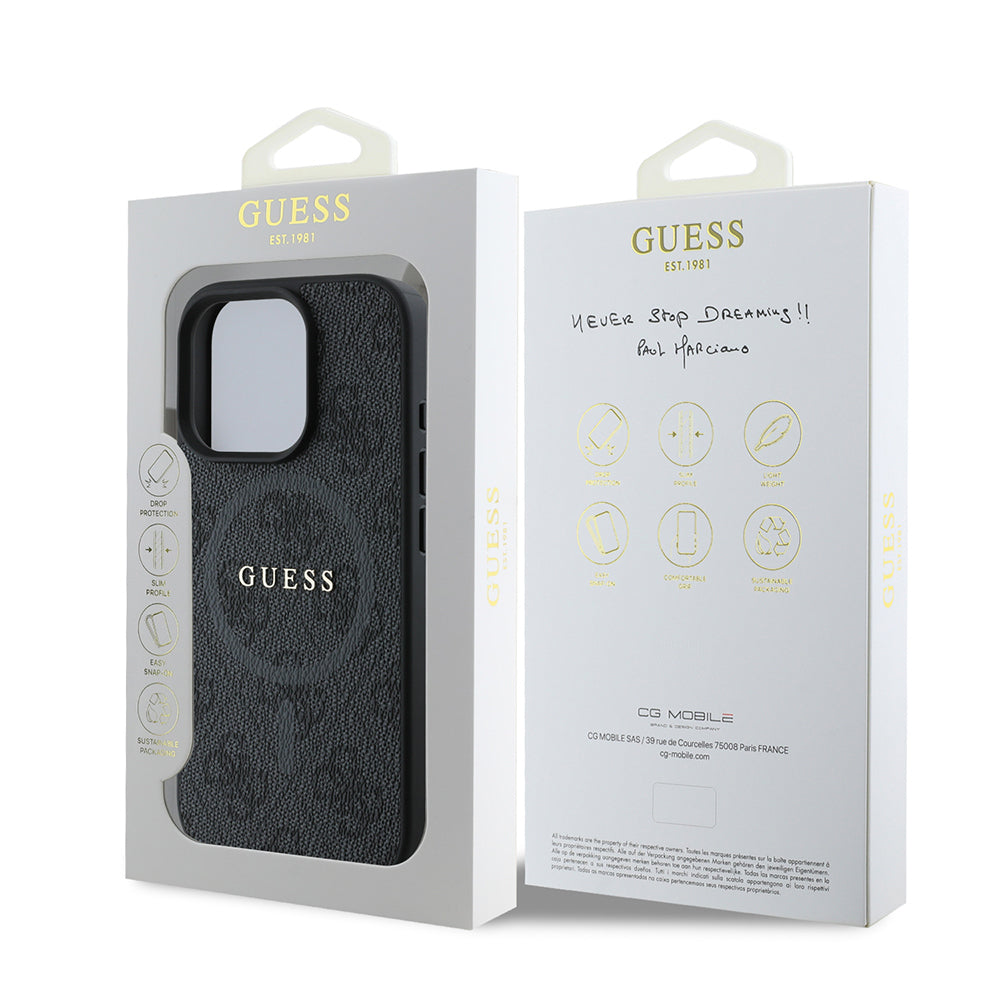 Guess Orijinal Lisanslı iPhone 16 Pro Max MagSafe Uyumlu Kılıf – 4G Desenli, PU Halkalı, Logolu Siyah