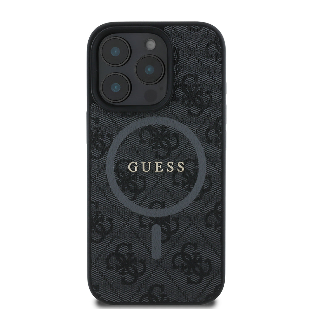Guess Orijinal Lisanslı iPhone 16 Pro Max MagSafe Uyumlu Kılıf – 4G Desenli, PU Halkalı, Logolu Siyah