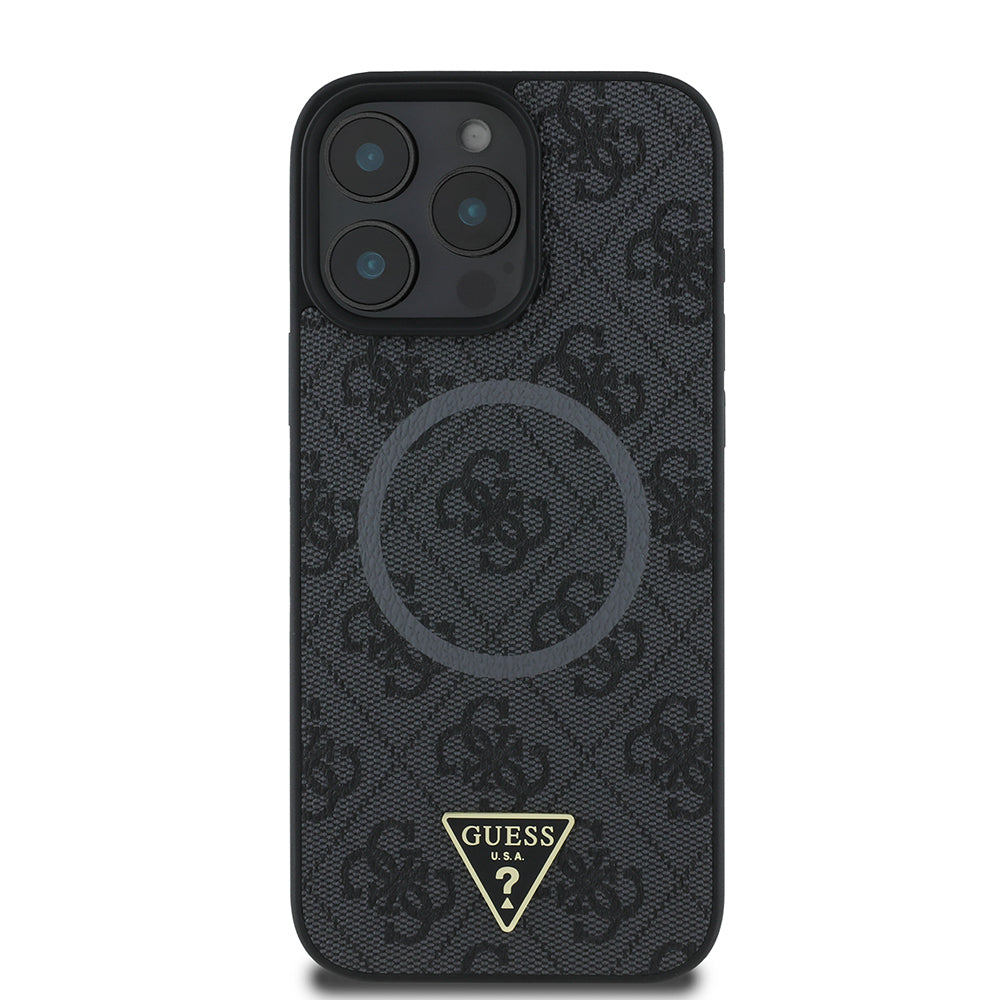 Guess Orijinal Lisanslı iPhone 16 Pro Max MagSafe Uyumlu Kılıf – PU, Üçgen Logolu, 4G Desenli Siyah