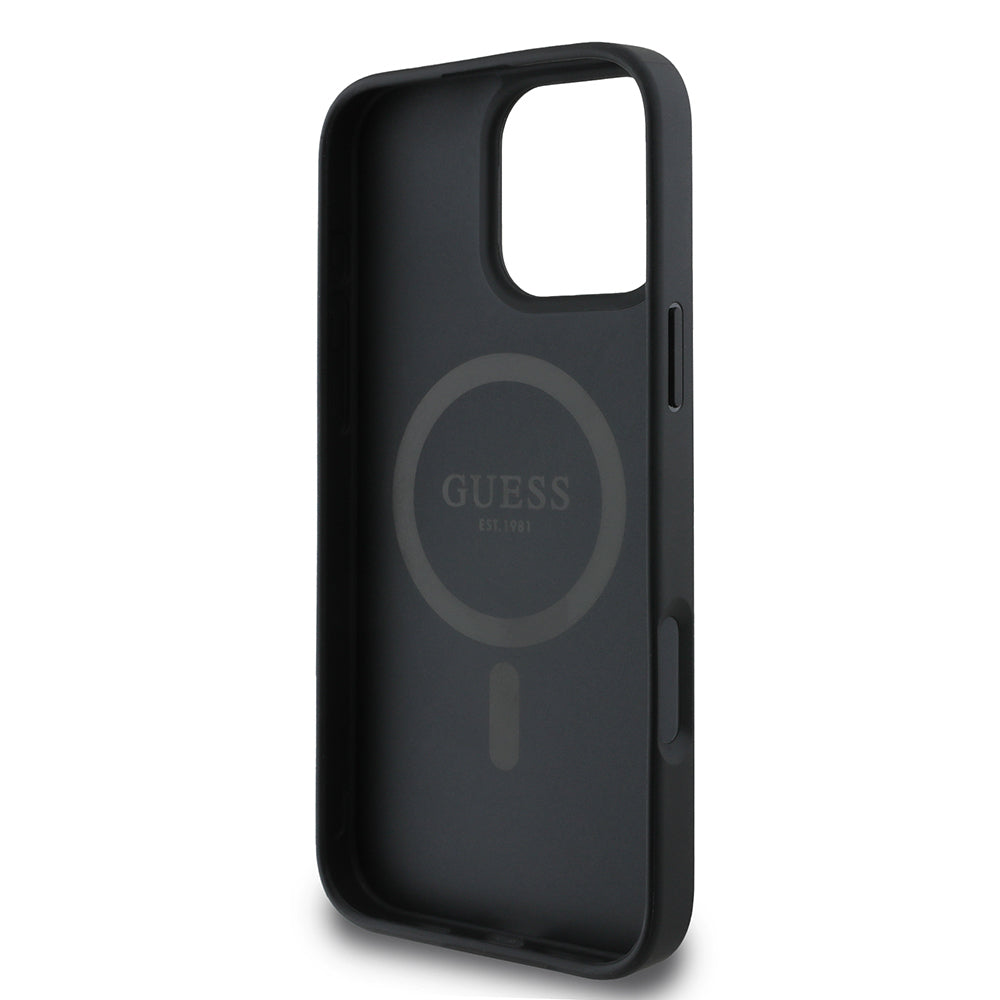 Guess Orijinal Lisanslı iPhone 16 Pro Max MagSafe Uyumlu Kılıf – PU, Üçgen Logolu, 4G Desenli Siyah