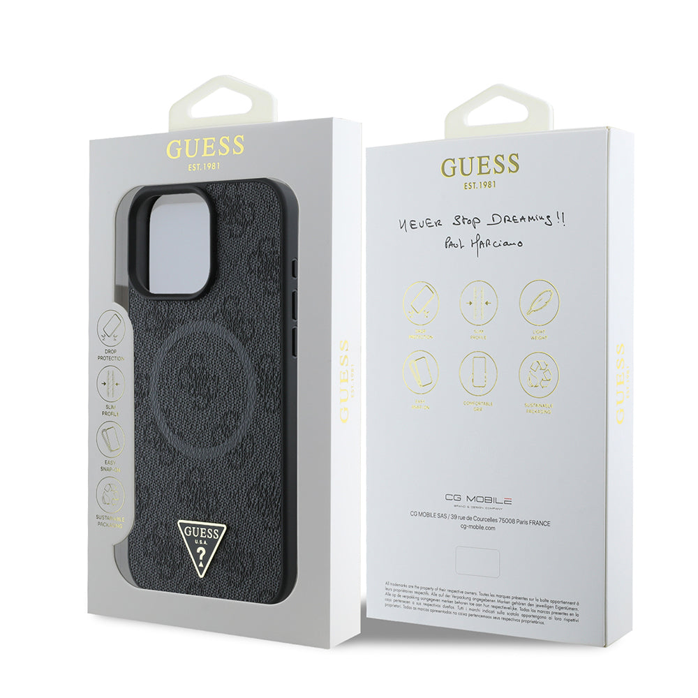 Guess Orijinal Lisanslı iPhone 16 Pro Max MagSafe Uyumlu Kılıf – PU, Üçgen Logolu, 4G Desenli Siyah
