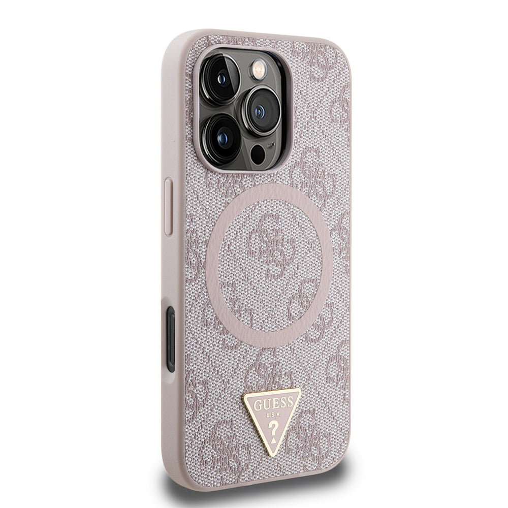 Guess Orijinal Lisanslı iPhone 16 Pro MagSafe Uyumlu Kılıf – PU, Üçgen Logolu, 4G Desenli Pembe