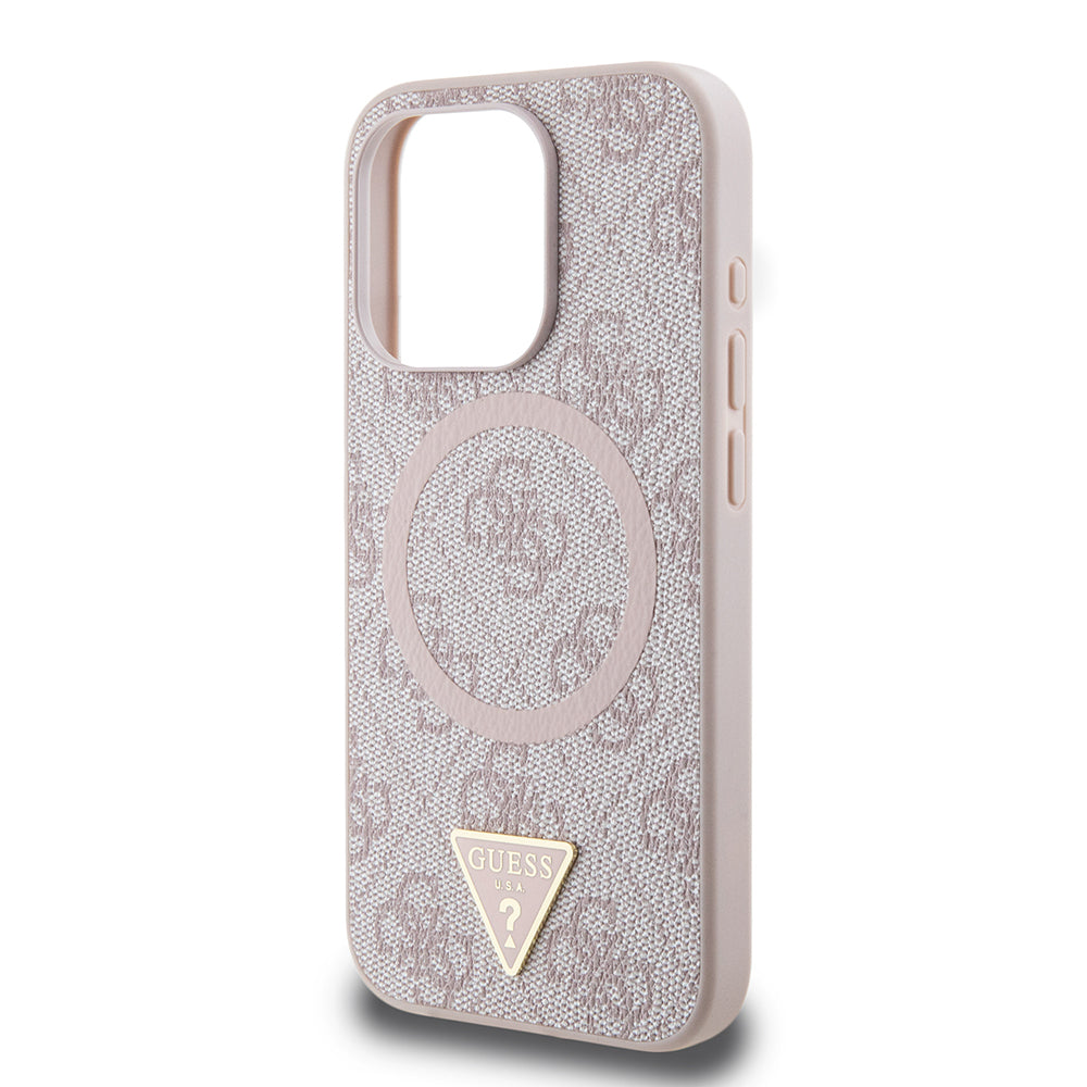 Guess Orijinal Lisanslı iPhone 16 Pro MagSafe Uyumlu Kılıf – PU, Üçgen Logolu, 4G Desenli Pembe