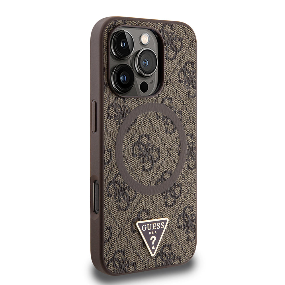 Guess Orijinal Lisanslı iPhone 16 Pro Max MagSafe Uyumlu Kılıf – PU, Üçgen Logolu, 4G Desenli Kahverengi