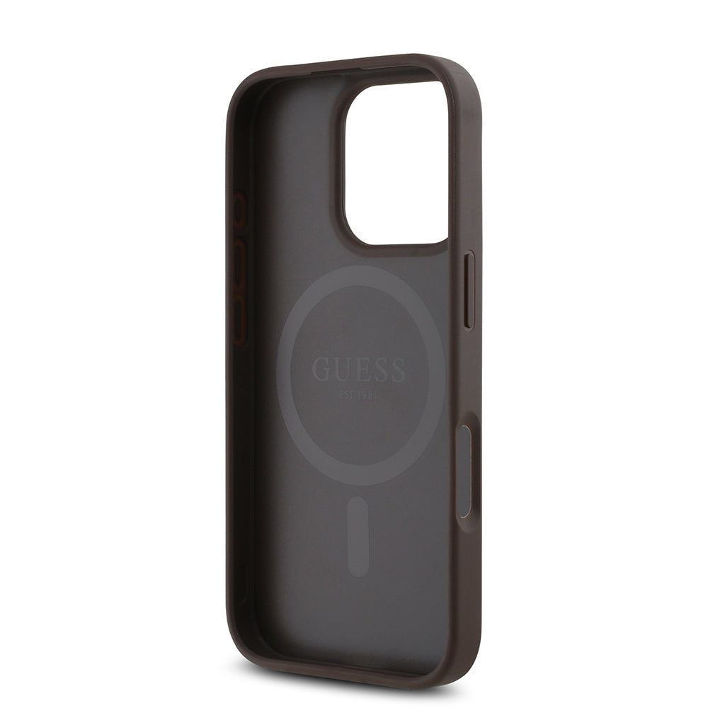 Guess Orijinal Lisanslı iPhone 16 Pro Max MagSafe Uyumlu Kılıf – PU, Üçgen Logolu, 4G Desenli Kahverengi