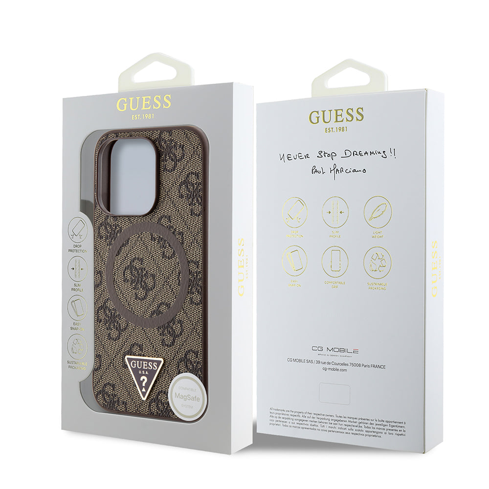 Guess Orijinal Lisanslı iPhone 16 Pro Max MagSafe Uyumlu Kılıf – PU, Üçgen Logolu, 4G Desenli Kahverengi