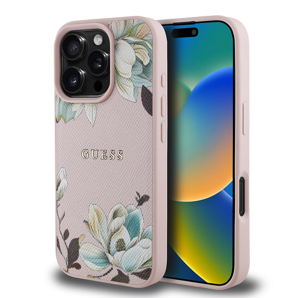 Guess Orijinal Lisanslı iPhone 16 Pro Max MagSafe Uyumlu Kılıf – Çiçek Desenli, Metal Logolu Pembe