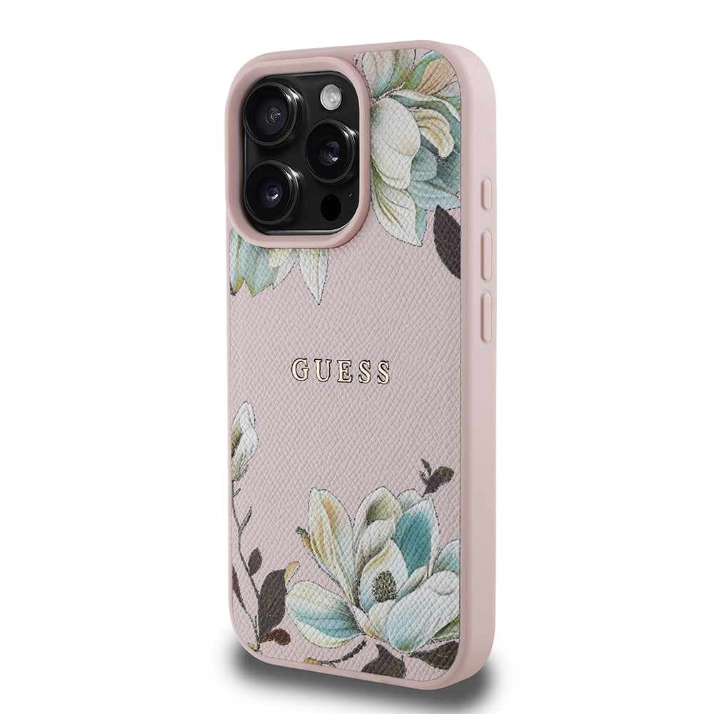 Guess Orijinal Lisanslı iPhone 16 Pro Max MagSafe Uyumlu Kılıf – Çiçek Desenli, Metal Logolu Pembe