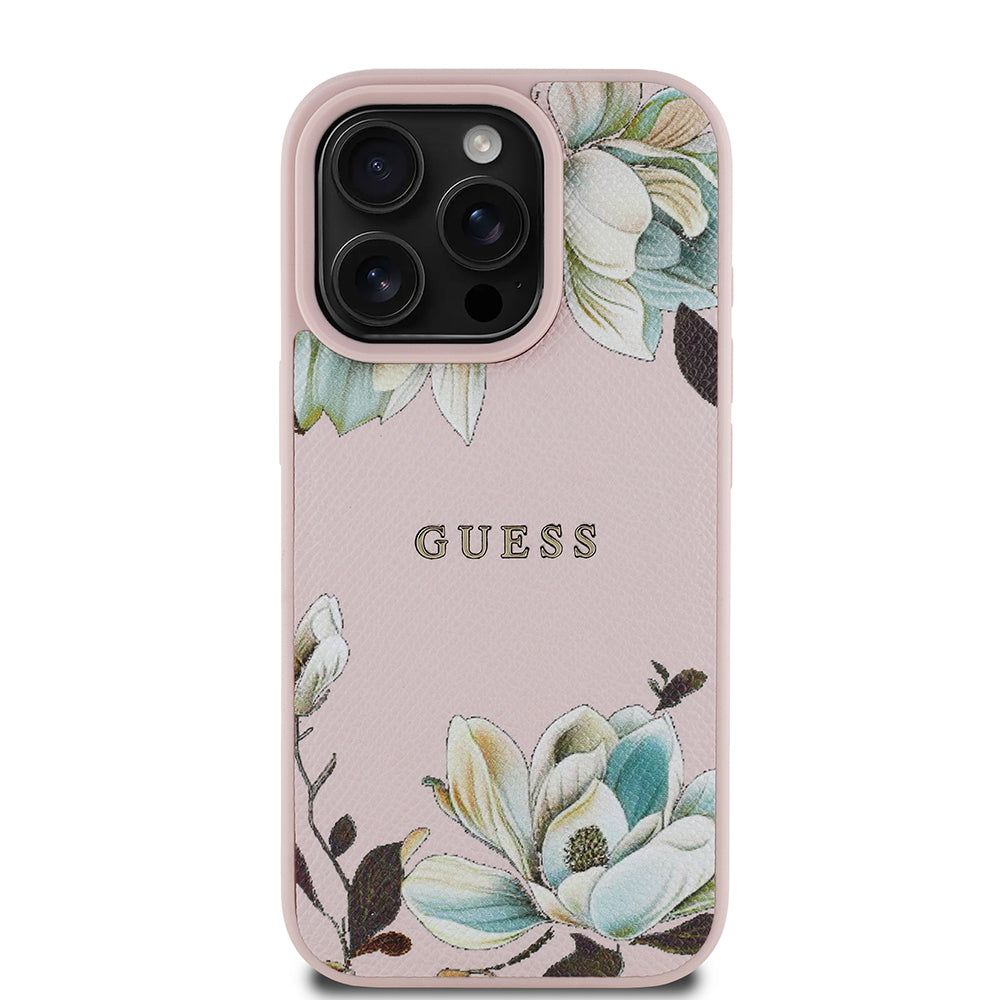 Guess Orijinal Lisanslı iPhone 16 Pro Max MagSafe Uyumlu Kılıf – Çiçek Desenli, Metal Logolu Pembe