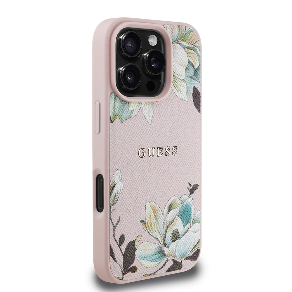 Guess Orijinal Lisanslı iPhone 16 Pro Max MagSafe Uyumlu Kılıf – Çiçek Desenli, Metal Logolu Pembe