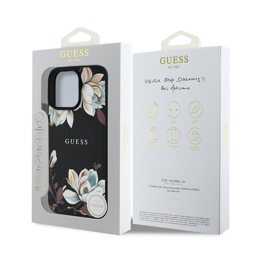 Guess Orijinal Lisanslı iPhone 16 Pro Max MagSafe Uyumlu Kılıf – Çiçek Desenli, Metal Logolu Siyah