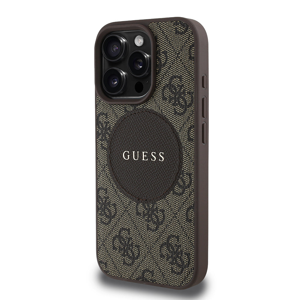 Guess Orijinal Lisanslı iPhone 16 Pro Max MagSafe Uyumlu Kılıf – Circle Classic, Yazı Logolu Kahverengi