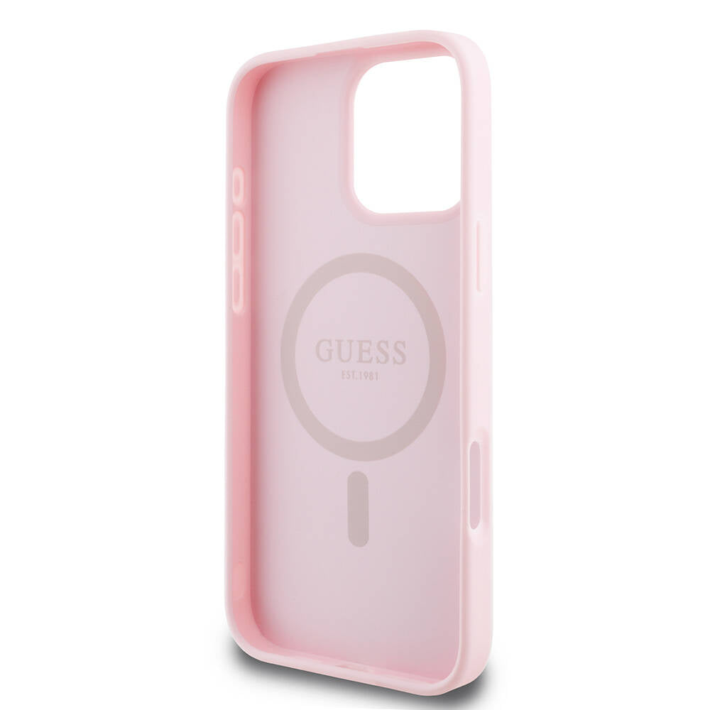 Guess Orijinal Lisanslı iPhone 16 Pro Max MagSafe Uyumlu Kılıf – Yazı Logolu, Grained Tasarım Pembe
