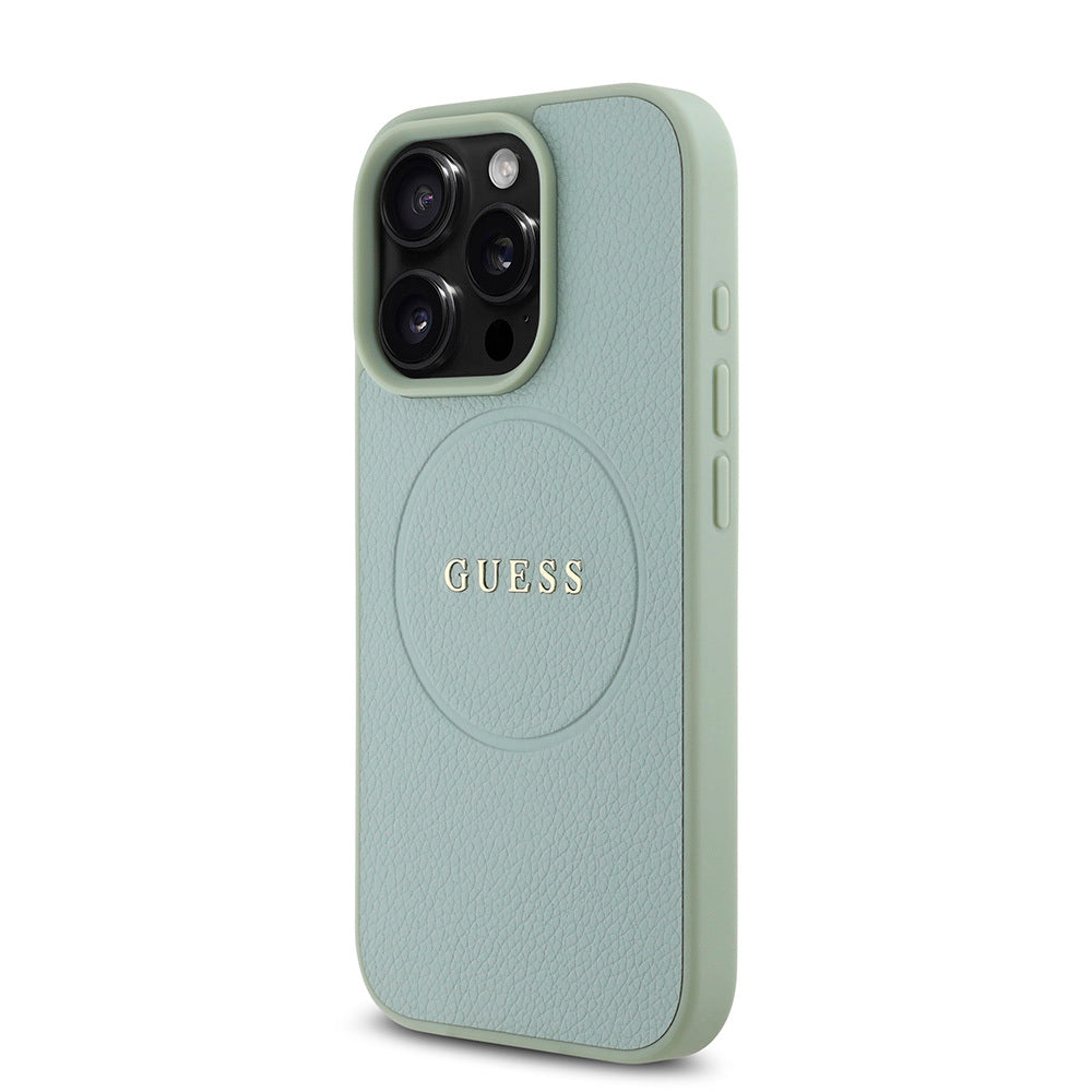 Guess Orijinal Lisanslı iPhone 16 Pro MagSafe Uyumlu Kılıf – Yazı Logolu, Grained Tasarım Yeşil