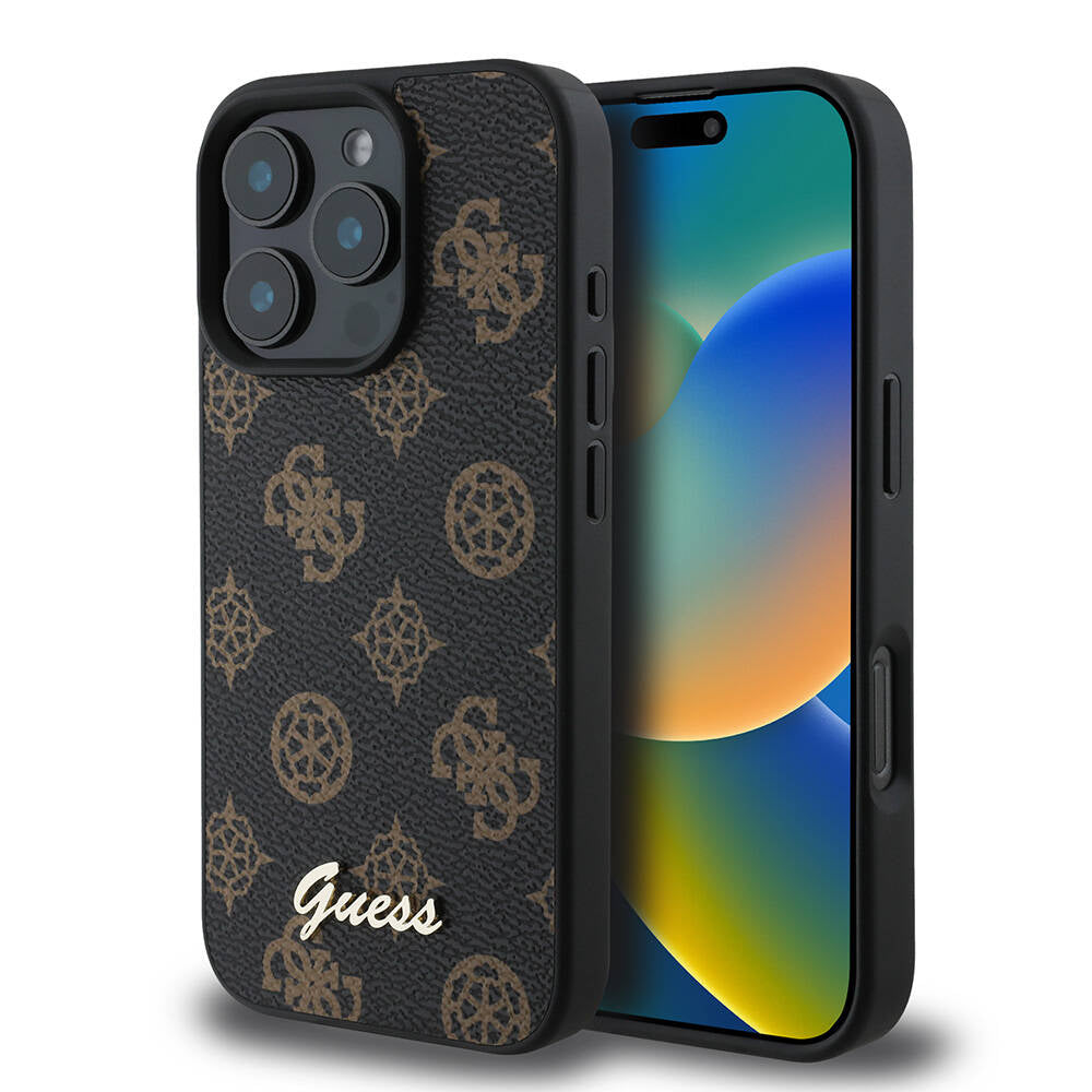 Guess Orijinal Lisanslı iPhone 16 Pro Max MagSafe Uyumlu Kılıf – Yazı Logolu, Peony Tasarım Siyah