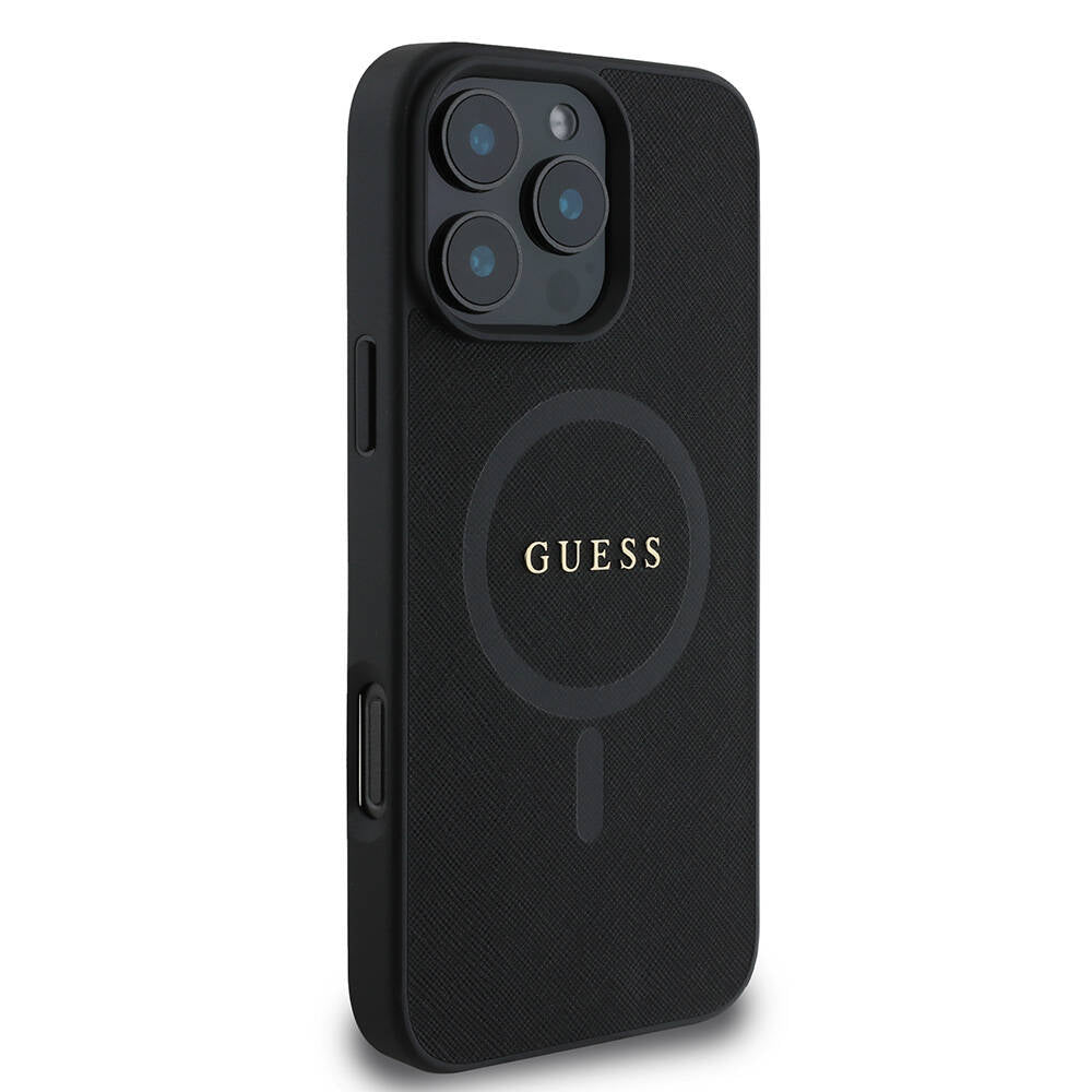 Guess Orijinal Lisanslı iPhone 16 Pro MagSafe Uyumlu Kılıf – Yazı Logolu, Saffiano Classic Tasarım Siyah