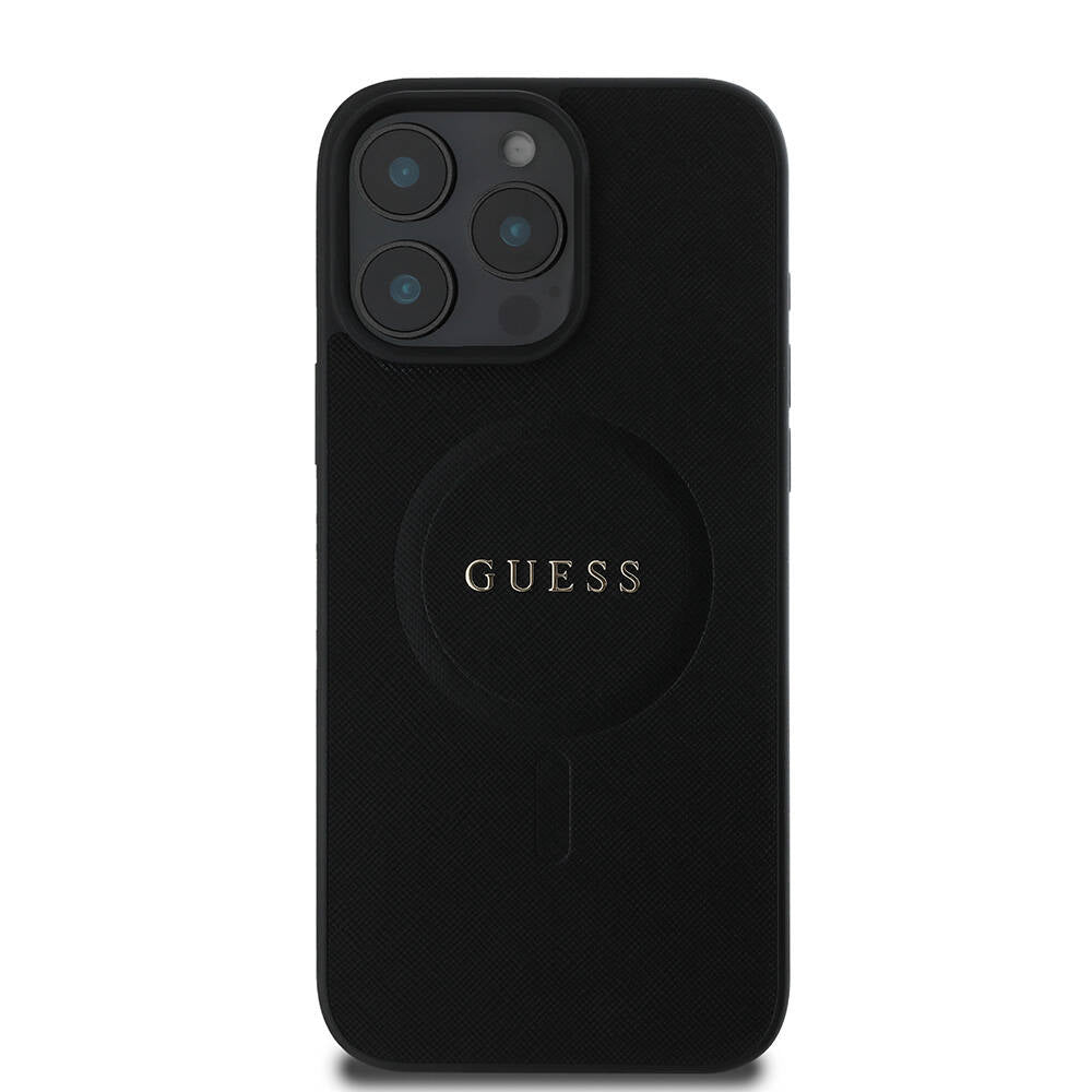 Guess Orijinal Lisanslı iPhone 16 Pro MagSafe Uyumlu Kılıf – Yazı Logolu, Saffiano Classic Tasarım Siyah