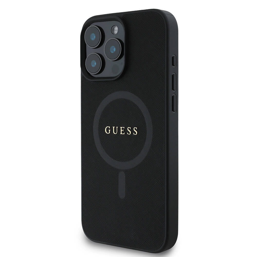 Guess Orijinal Lisanslı iPhone 16 Pro MagSafe Uyumlu Kılıf – Yazı Logolu, Saffiano Classic Tasarım Siyah