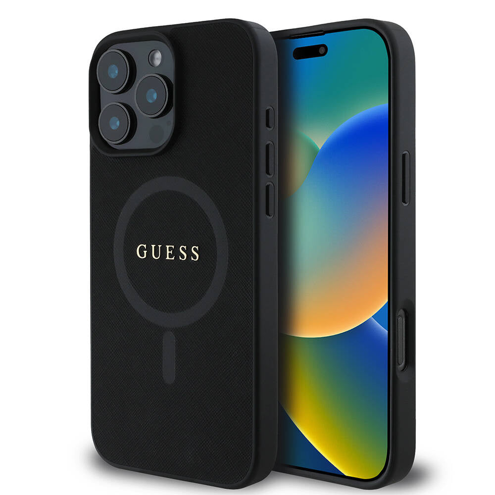 Guess Orijinal Lisanslı iPhone 16 Pro MagSafe Uyumlu Kılıf – Yazı Logolu, Saffiano Classic Tasarım Siyah