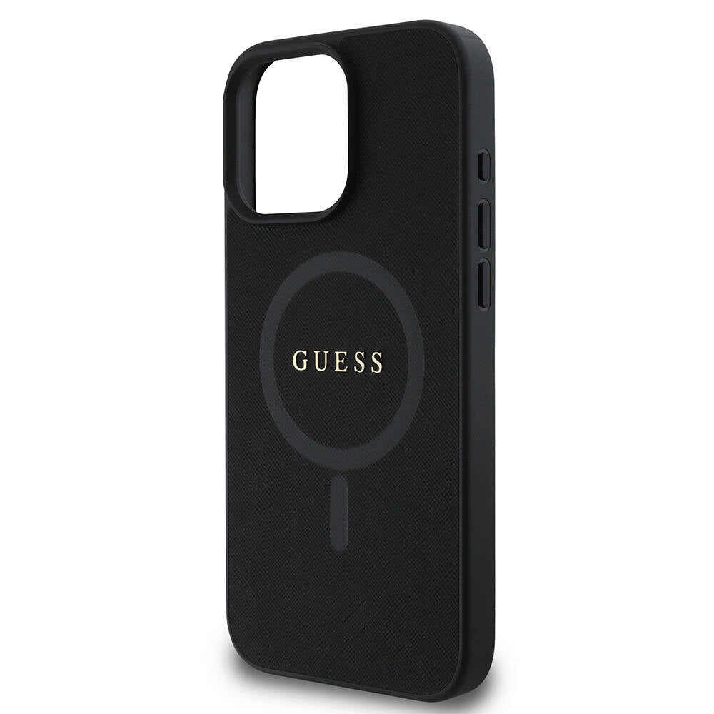 Guess Orijinal Lisanslı iPhone 16 Pro MagSafe Uyumlu Kılıf – Yazı Logolu, Saffiano Classic Tasarım Siyah
