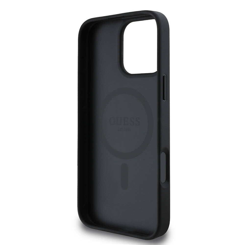 Guess Orijinal Lisanslı iPhone 16 Pro MagSafe Uyumlu Kılıf – Yazı Logolu, Saffiano Classic Tasarım Siyah