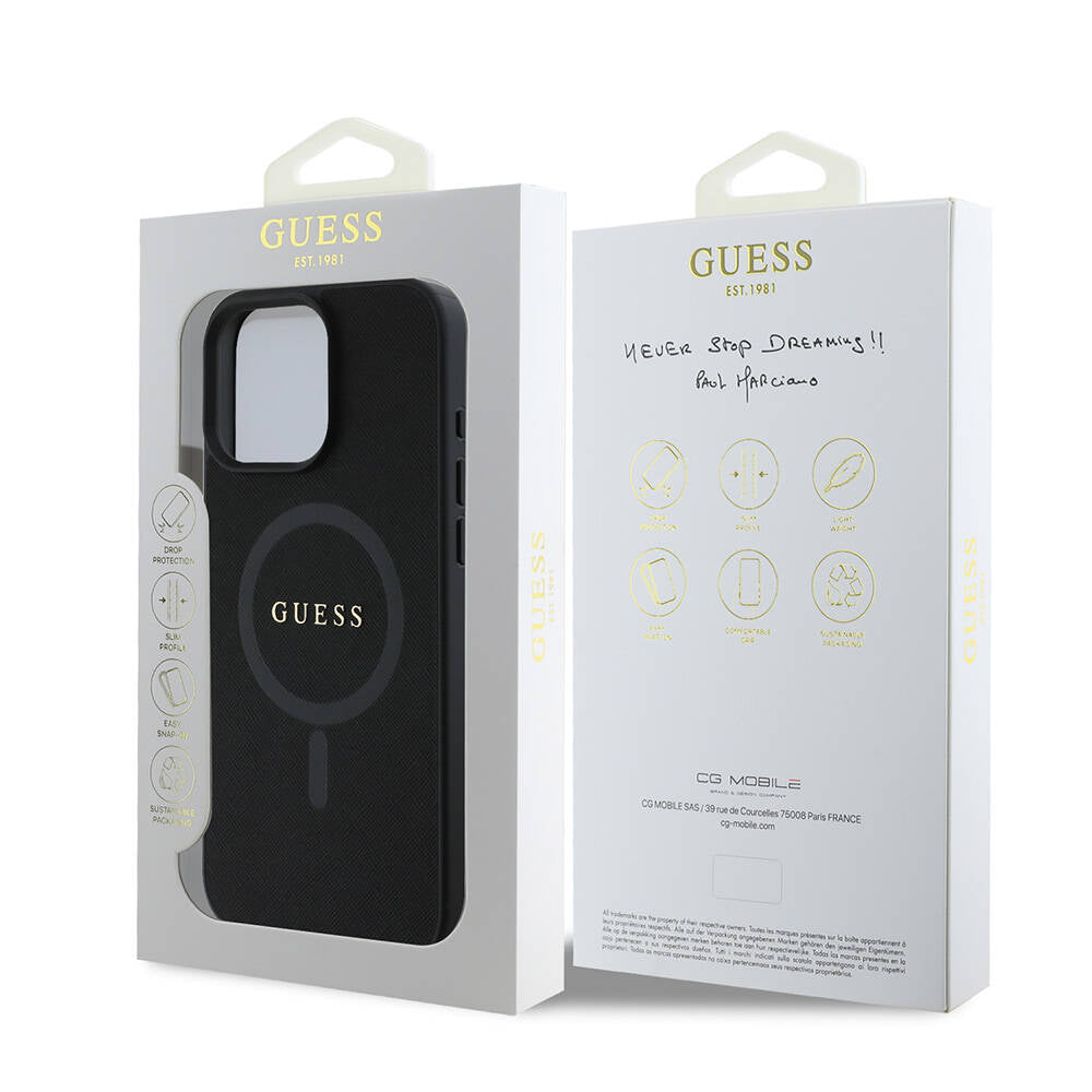 Guess Orijinal Lisanslı iPhone 16 Pro MagSafe Uyumlu Kılıf – Yazı Logolu, Saffiano Classic Tasarım Siyah