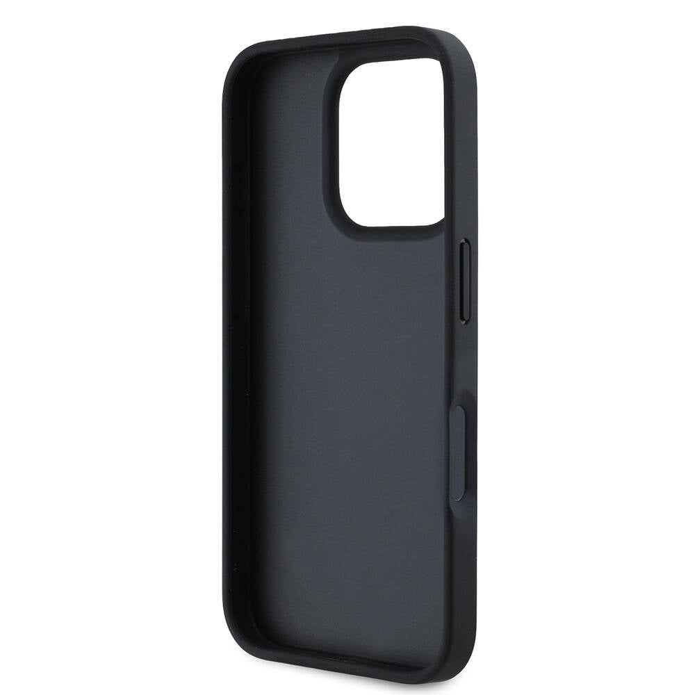 Guess Orijinal Lisanslı iPhone 16 Pro Max Uyumlu Kılıf – PU Deri, 4G Desenli, Üçgen Logolu Siyah