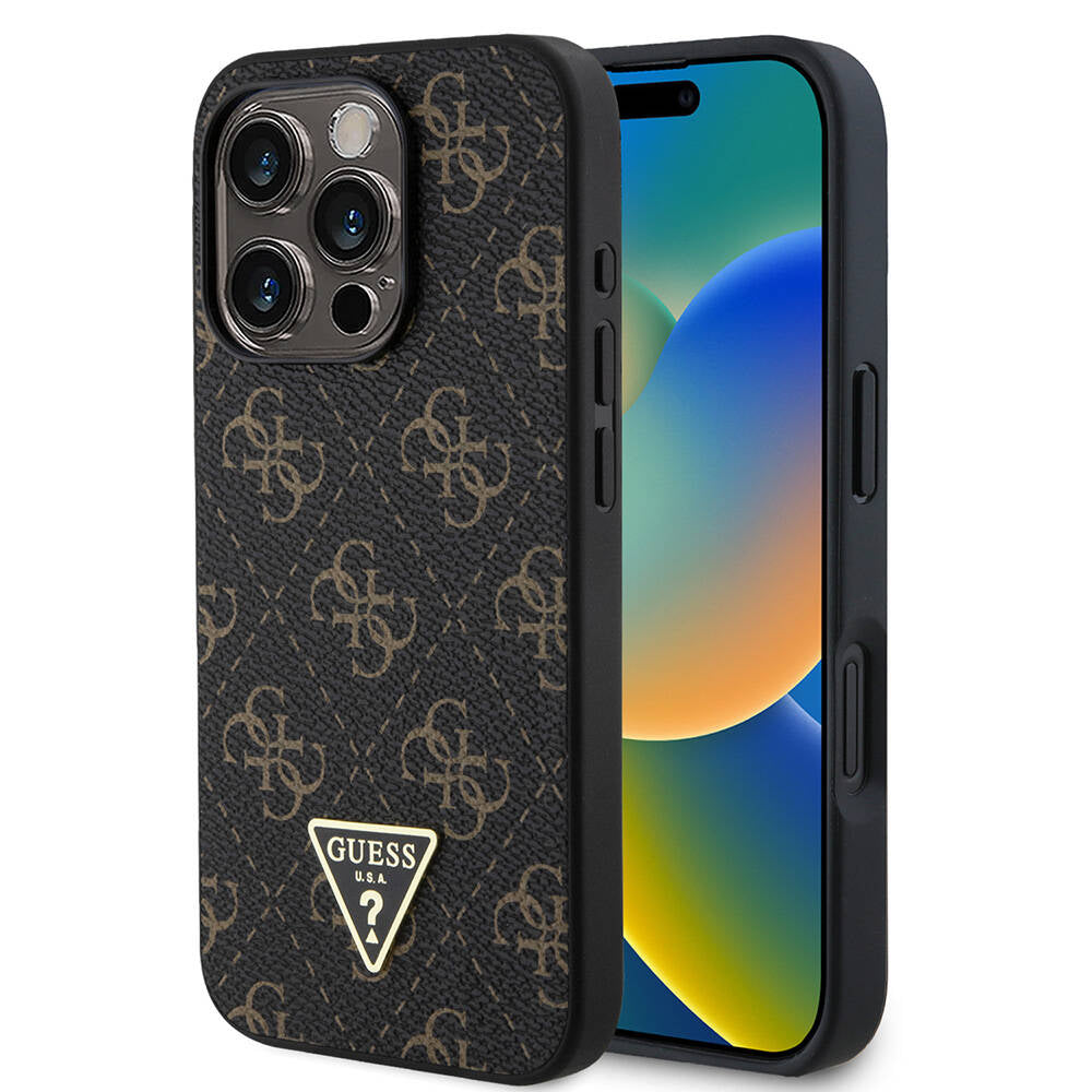 Guess Orijinal Lisanslı iPhone 16 Pro Max Uyumlu Kılıf – PU Deri, 4G Desenli, Üçgen Logolu Siyah