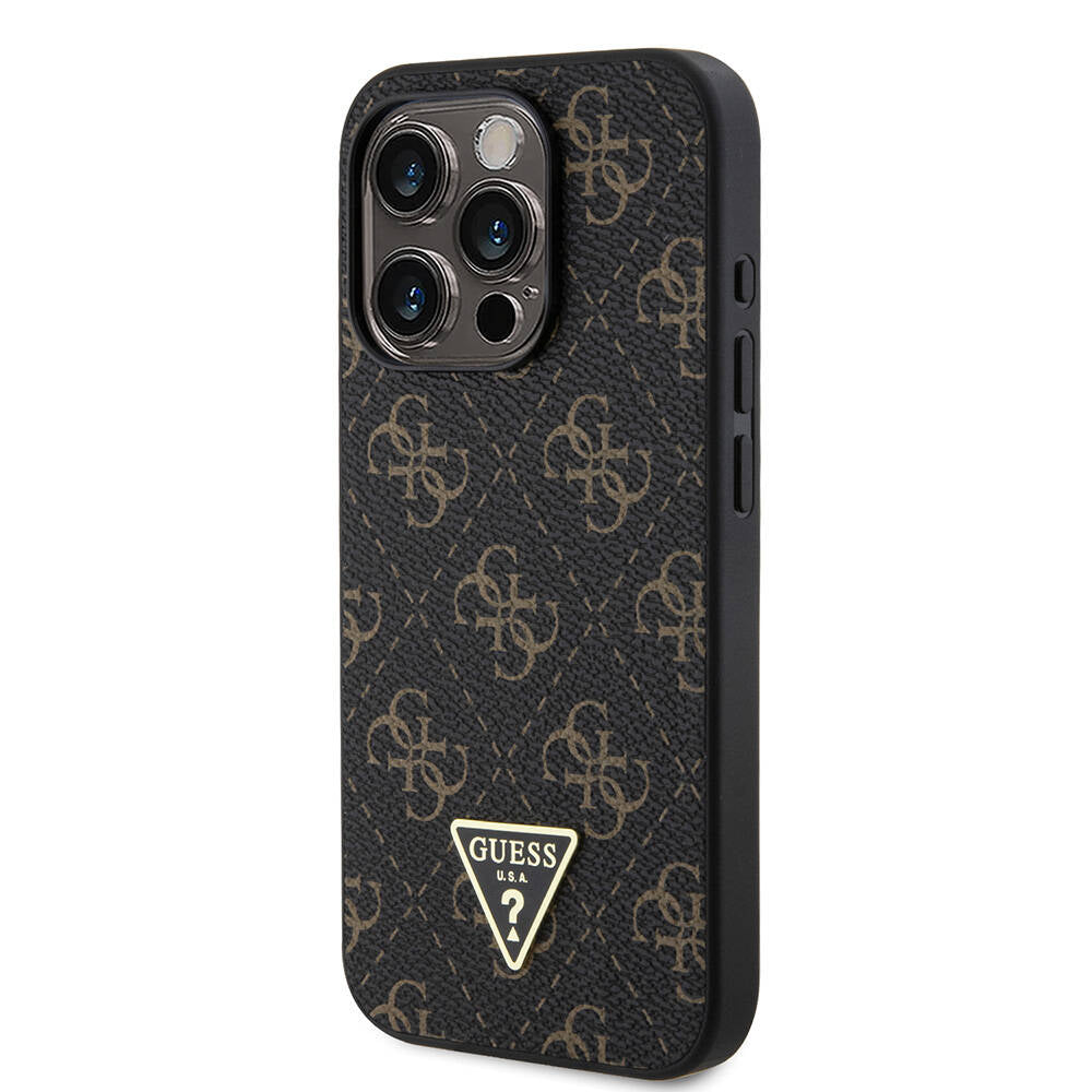 Guess Orijinal Lisanslı iPhone 16 Pro Max Uyumlu Kılıf – PU Deri, 4G Desenli, Üçgen Logolu Siyah
