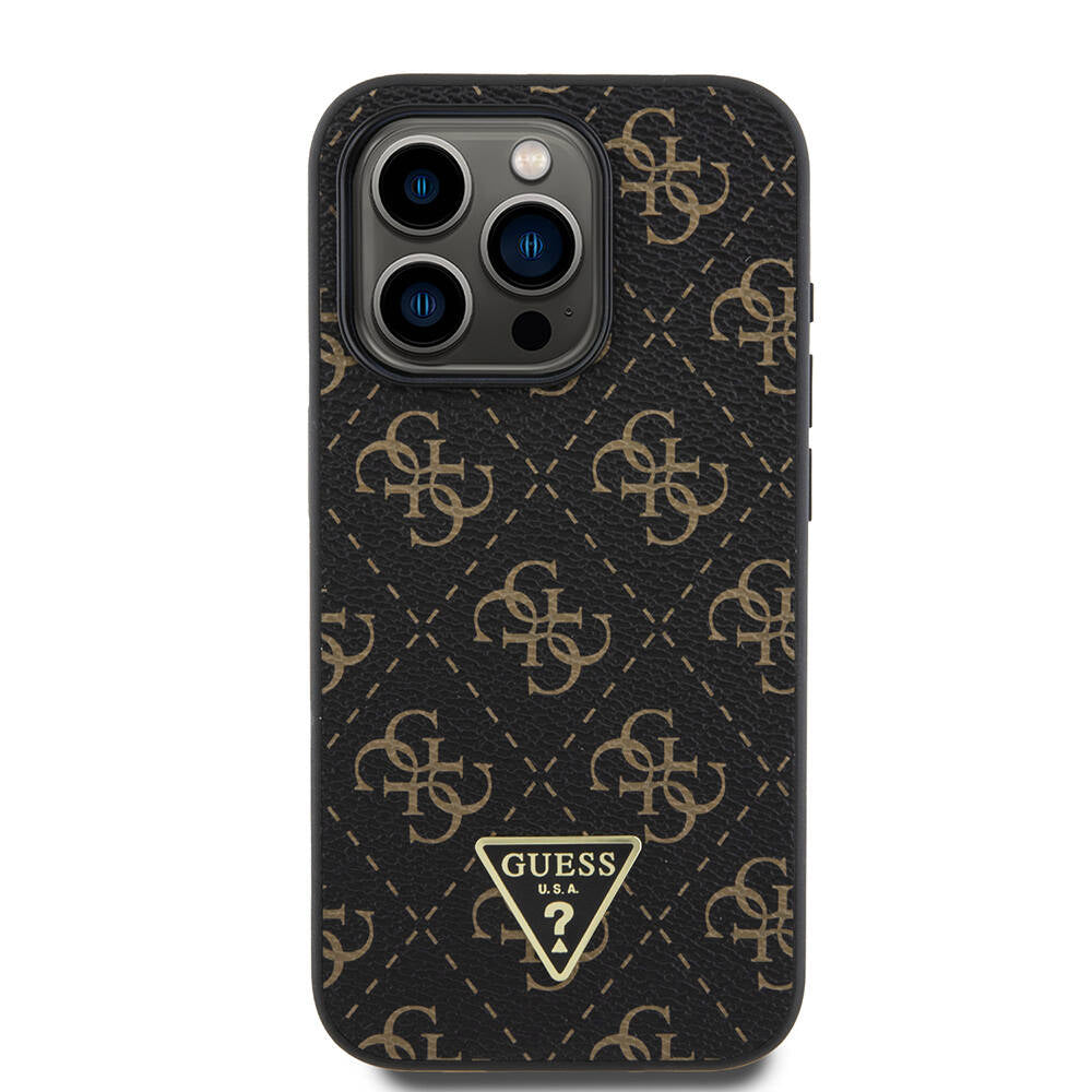 Guess Orijinal Lisanslı iPhone 16 Pro Max Uyumlu Kılıf – PU Deri, 4G Desenli, Üçgen Logolu Siyah