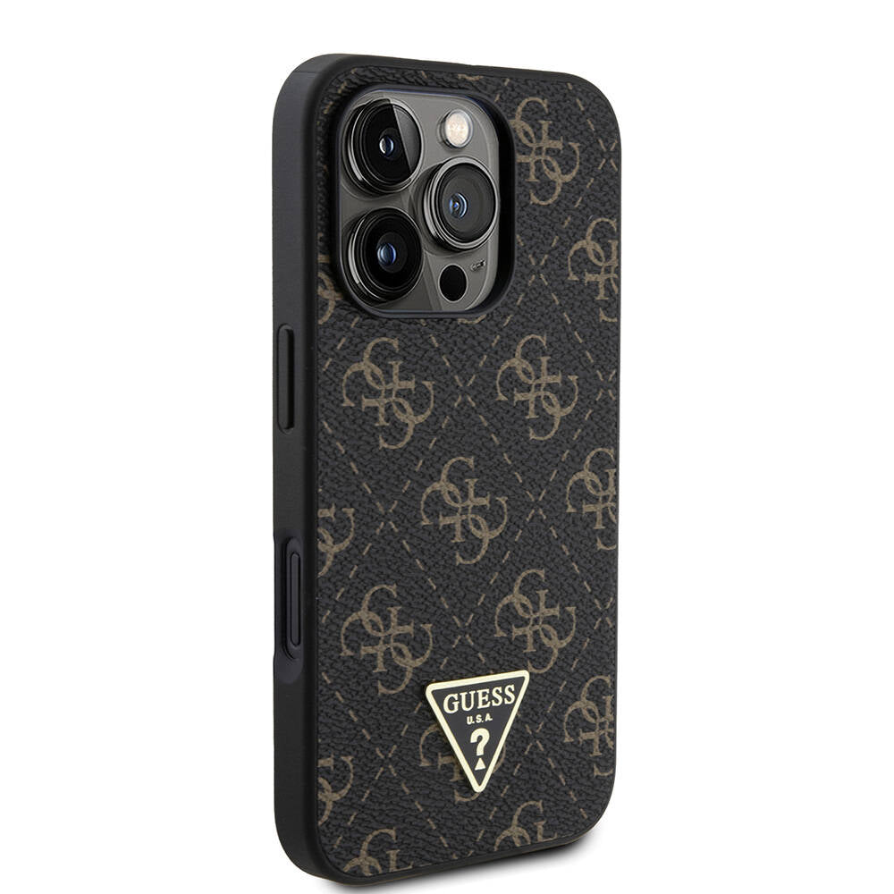 Guess Orijinal Lisanslı iPhone 16 Pro Max Uyumlu Kılıf – PU Deri, 4G Desenli, Üçgen Logolu Siyah