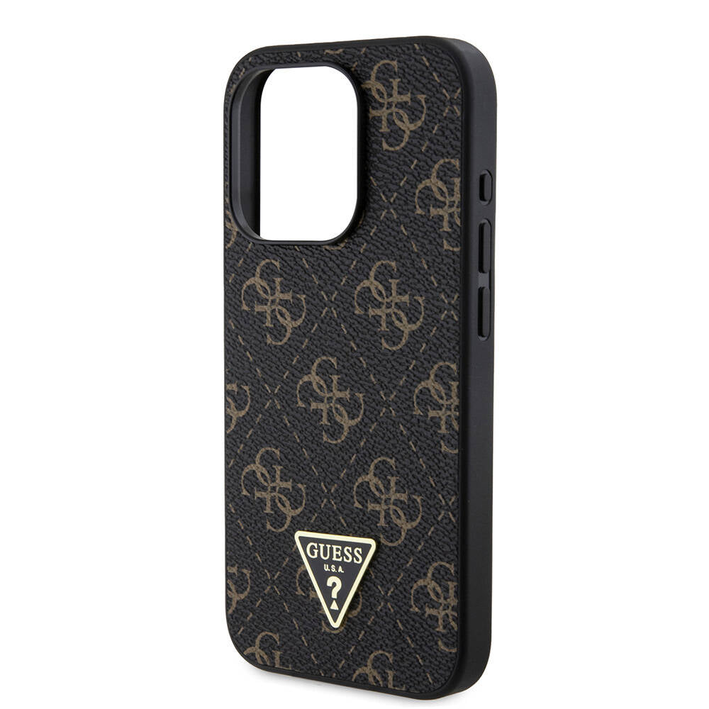 Guess Orijinal Lisanslı iPhone 16 Pro Max Uyumlu Kılıf – PU Deri, 4G Desenli, Üçgen Logolu Siyah