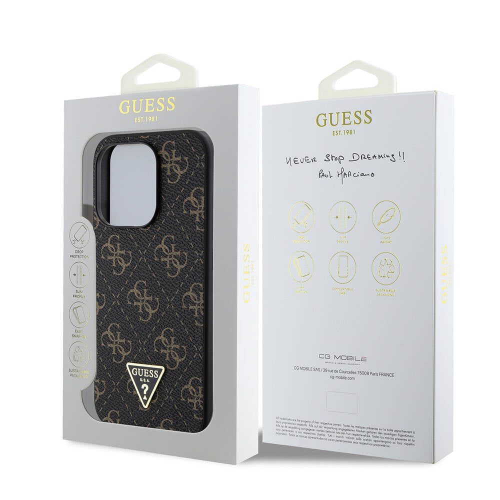 Guess Orijinal Lisanslı iPhone 16 Pro Max Uyumlu Kılıf – PU Deri, 4G Desenli, Üçgen Logolu Siyah