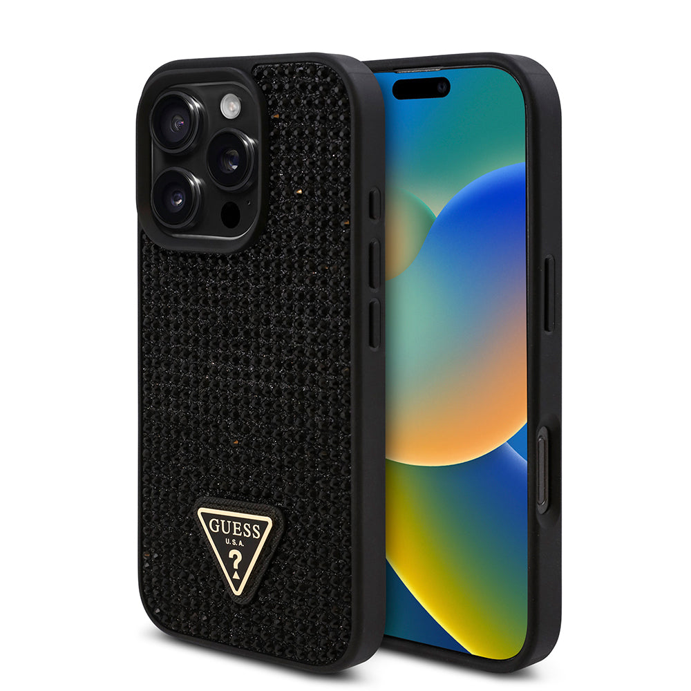 Guess Orijinal Lisanslı iPhone 16 Pro Max Uyumlu Kılıf – Taşlı Arka Yüzey, Üçgen Logolu Siyah