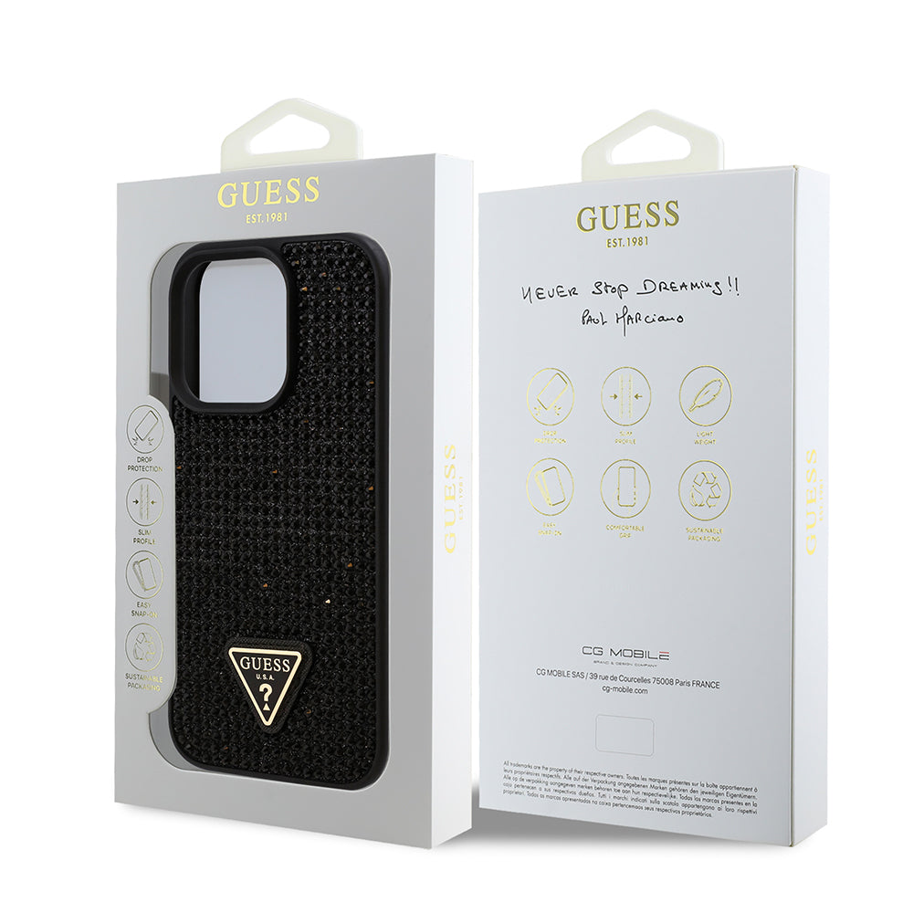 Guess Orijinal Lisanslı iPhone 16 Pro Max Uyumlu Kılıf – Taşlı Arka Yüzey, Üçgen Logolu Siyah
