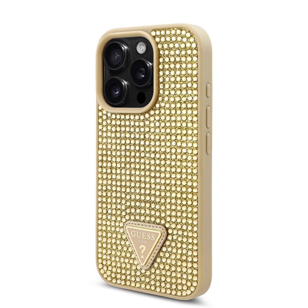 Guess Orijinal Lisanslı iPhone 16 Pro Max Uyumlu Kılıf – Taşlı Arka Yüzey, Üçgen Logolu Gold