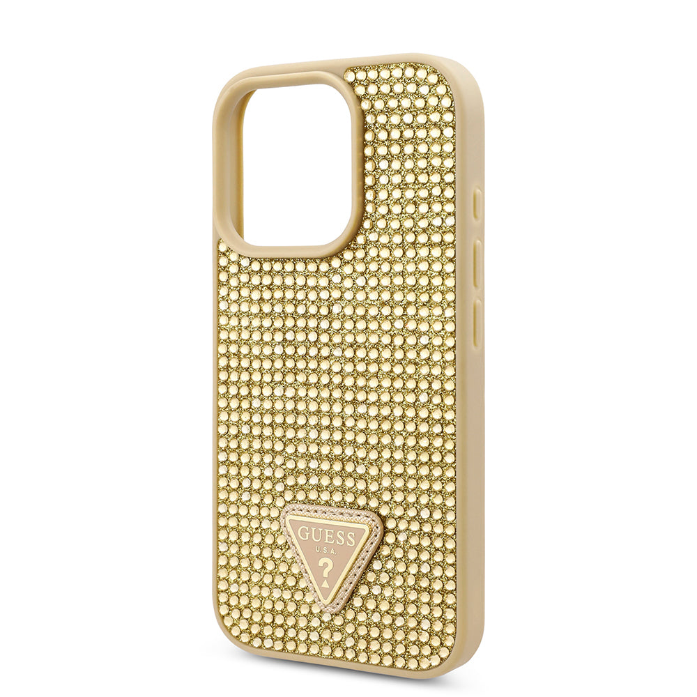 Guess Orijinal Lisanslı iPhone 16 Pro Max Uyumlu Kılıf – Taşlı Arka Yüzey, Üçgen Logolu Gold