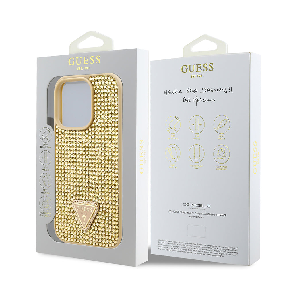 Guess Orijinal Lisanslı iPhone 16 Pro Max Uyumlu Kılıf – Taşlı Arka Yüzey, Üçgen Logolu Gold