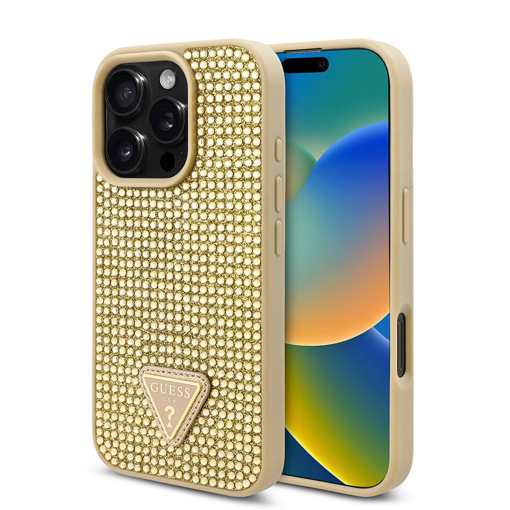 Guess Orijinal Lisanslı iPhone 16 Pro Max Uyumlu Kılıf – Taşlı Arka Yüzey, Üçgen Logolu Gold