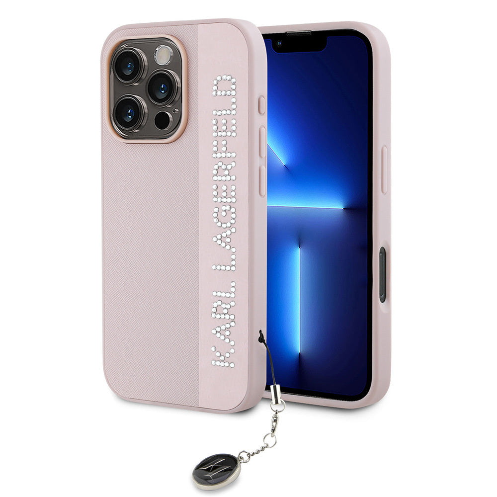 Karl Lagerfeld Orijinal Lisanslı iPhone 16 Pro Max Uyumlu Kılıf – Anahtarlıklı Taşlı KL Yazılı Saffiano Rhinestones Kapak Pembe